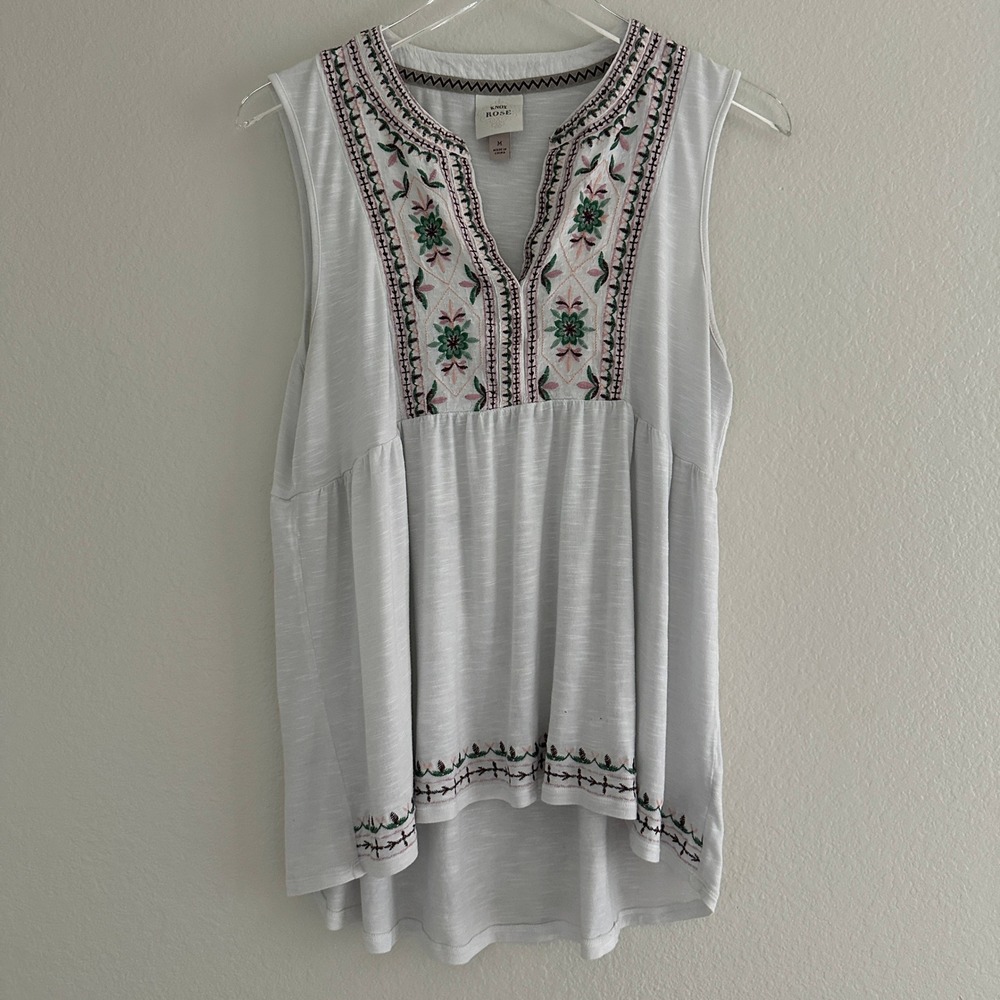 Knox Rose Embroidered Tank Top Women Medium White Boho Peplum Sleeveless